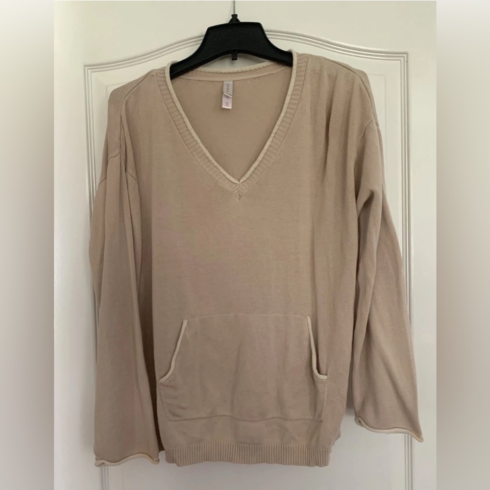 Italian Cruz Natori Sweater XL Beige Tan Cotton Viscose V Neck Gold Trim